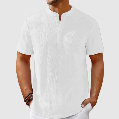 Stylish men's casual mandarin collar shirt. Relaxed fit, lightweight for summer menswear.