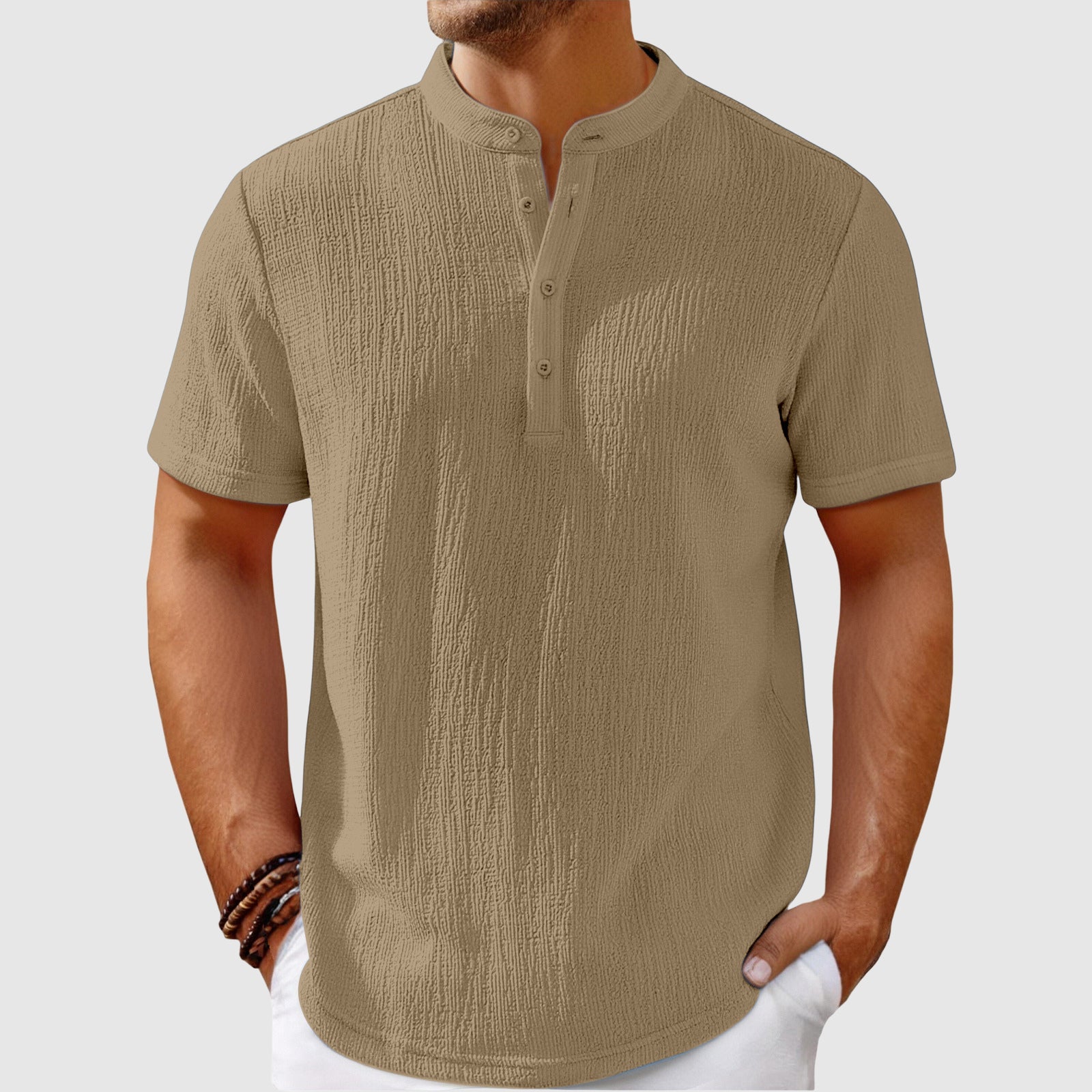 Lightweight men's summer shirt with a mandarin collar. Perfect for warm weather casual wear.