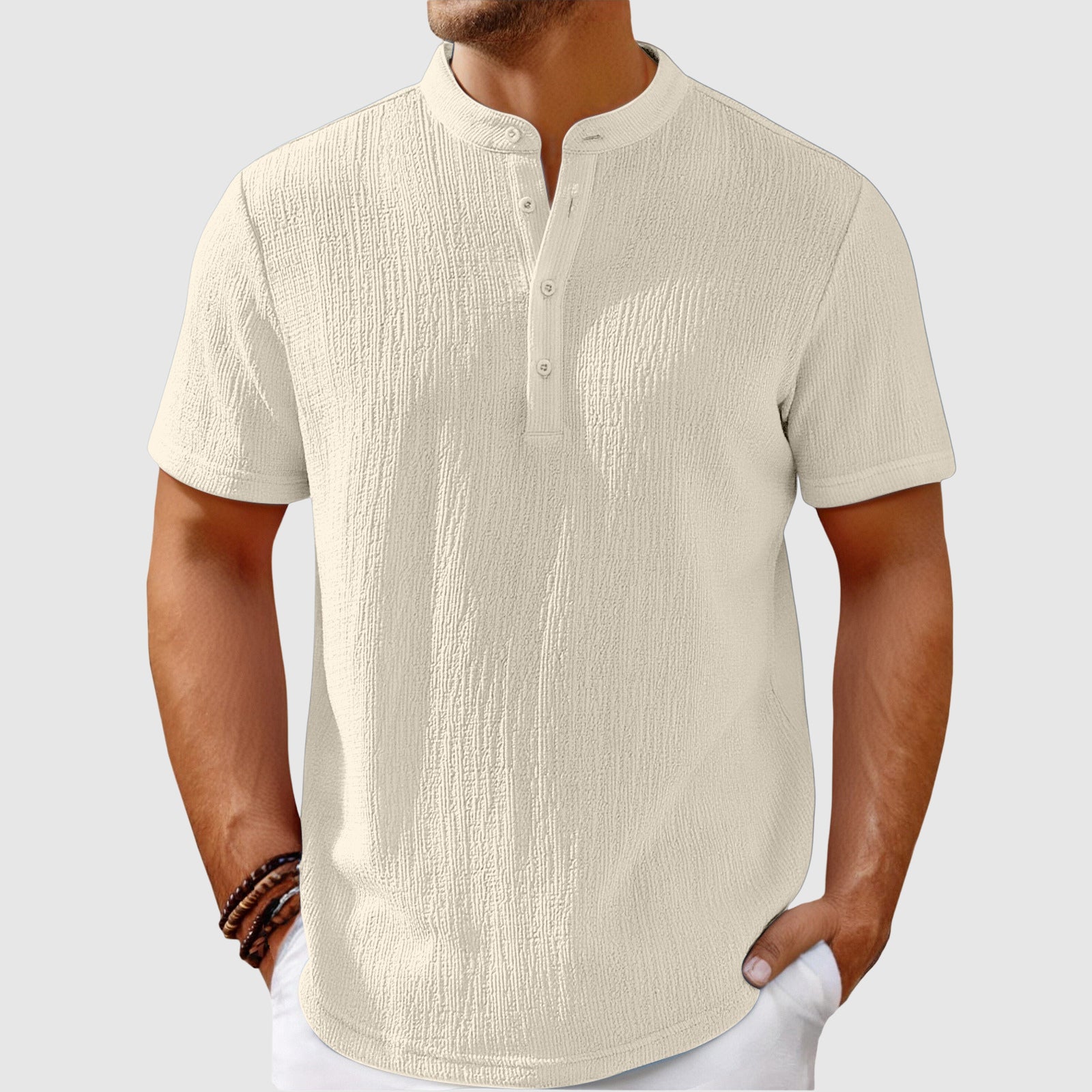 Men's button-down mandarin collar shirt. Relaxed fit, lightweight and stylish for summer days.
