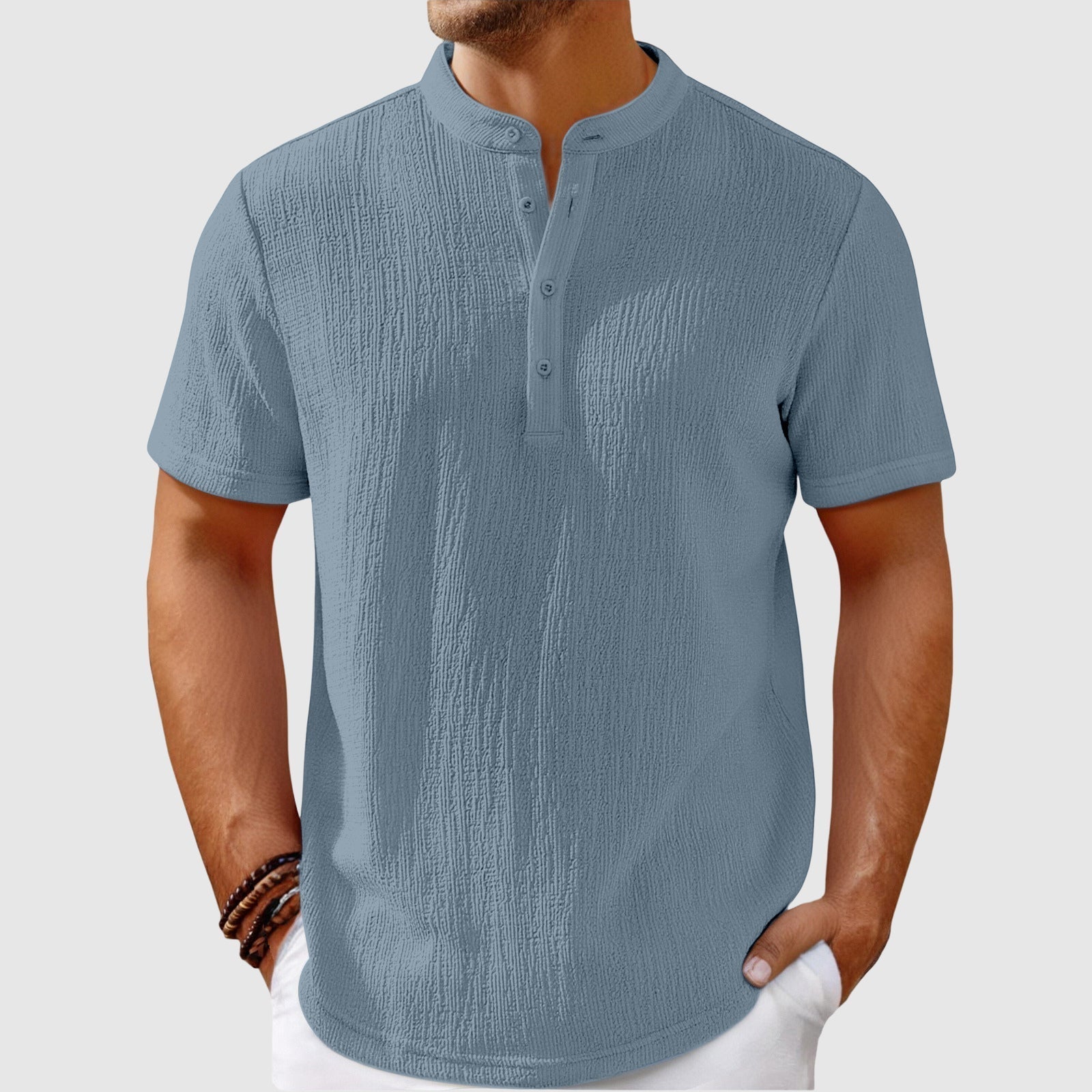 Casual men's summer shirt featuring a unique mandarin collar. Lightweight and breathable fabric.