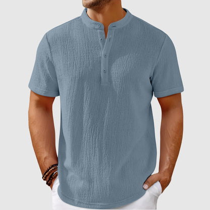 Casual men's summer shirt featuring a unique mandarin collar. Lightweight and breathable fabric.