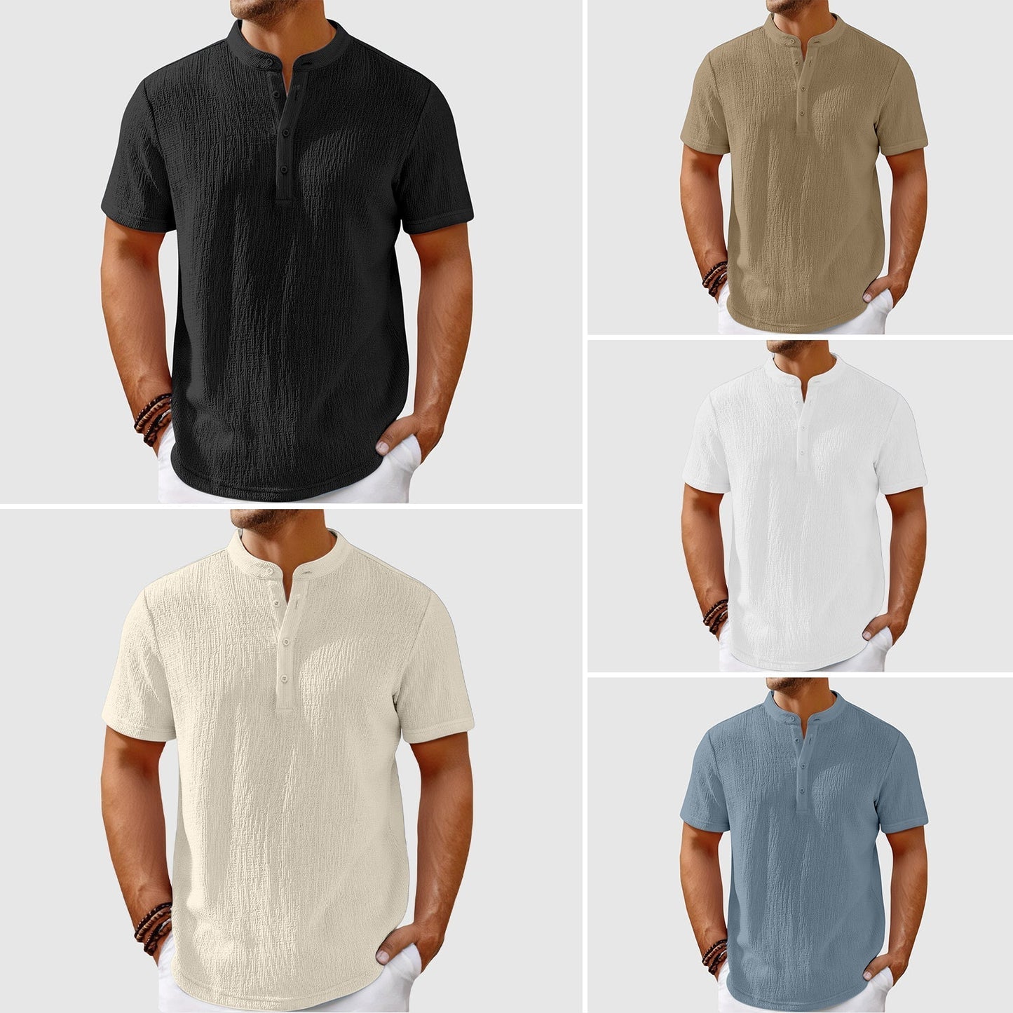 Modern menswear: lightweight mandarin collar summer shirt. Stylish and comfortable for warm weather.