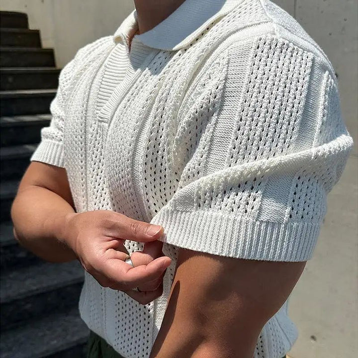 Men's lightweight mesh polo shirt with vintage lapel, perfect for casual summer wear & breathable comfort.