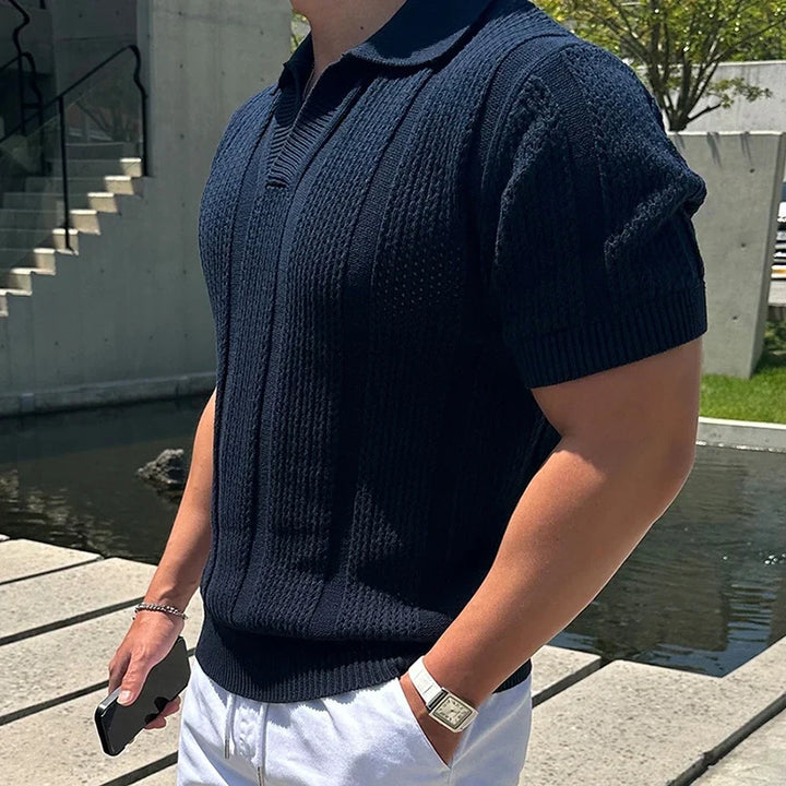 Classic men's summer polo. Solid color mesh design, features a unique vintage lapel for a smart casual look.
