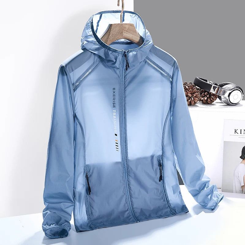 Lightweight men's windbreaker jacket offering sun protection & wind resistance for outdoor activities like fishing.