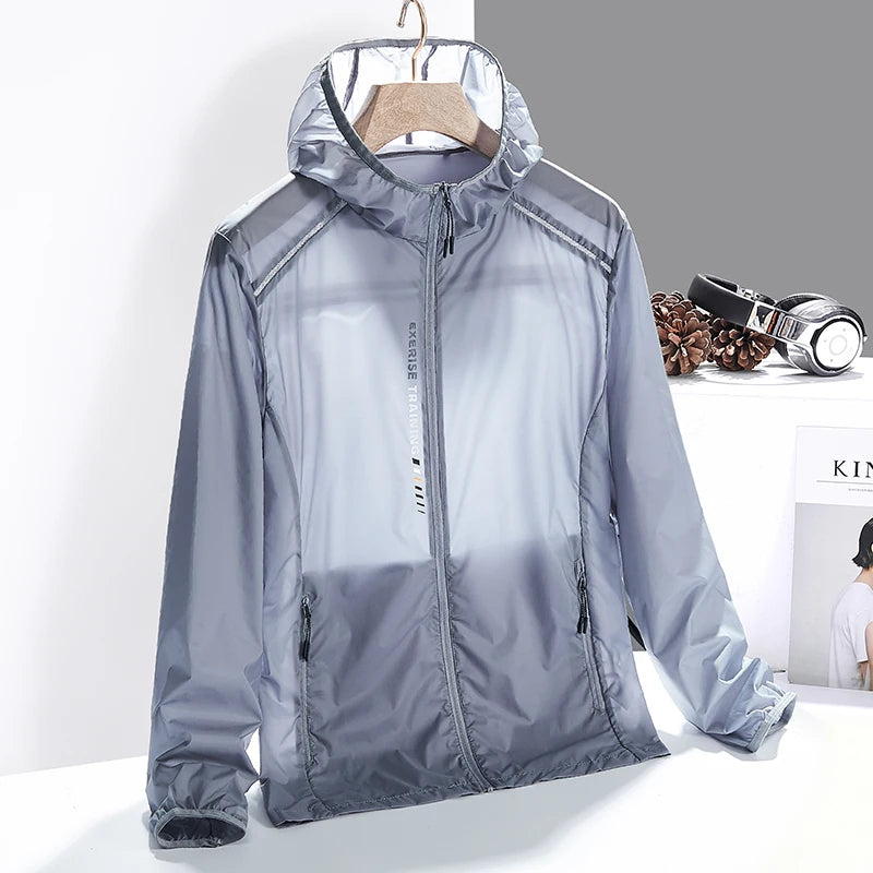 Activewear men's windbreaker jacket with quick-dry fabric & reflective details for safe outdoor adventures.