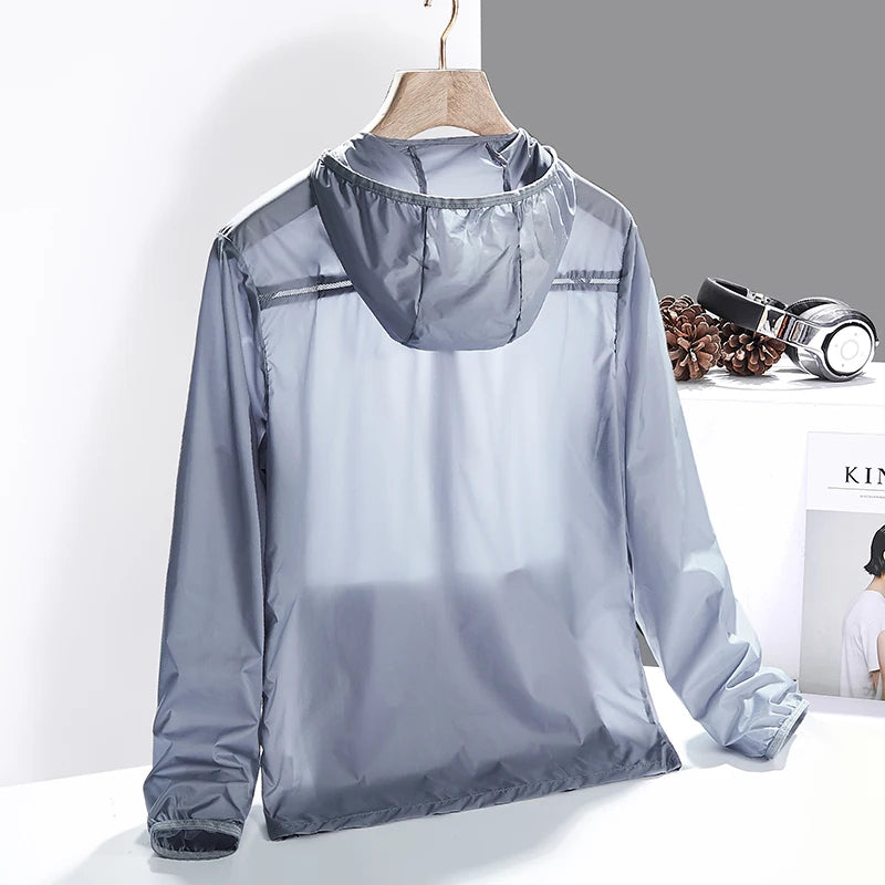 Ultra-lightweight men's windbreaker for active outdoor wear, provides sun protection & easy packing for travel.