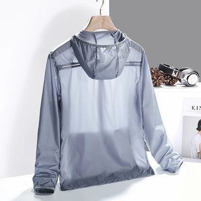 Ultra-lightweight men's windbreaker for active outdoor wear, provides sun protection & easy packing for travel.