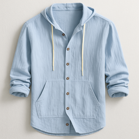 Men's lightweight oxford hoodie shirt, relaxed fit, ideal for casual comfort.