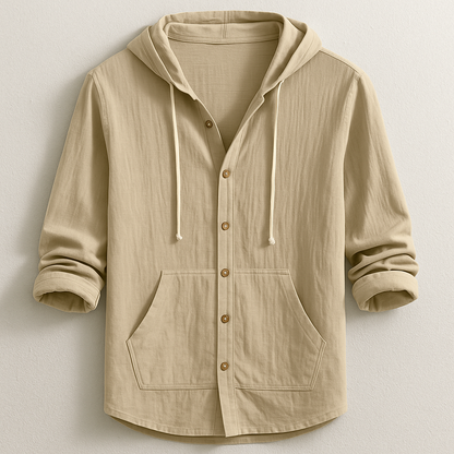 Casual men's hooded oxford shirt, lightweight & versatile, perfect for spring/summer style.
