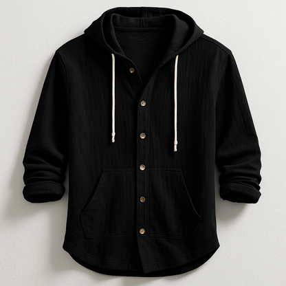 Relaxed fit men's lightweight oxford hoodie shirt, comfortable and stylish for casual wear.