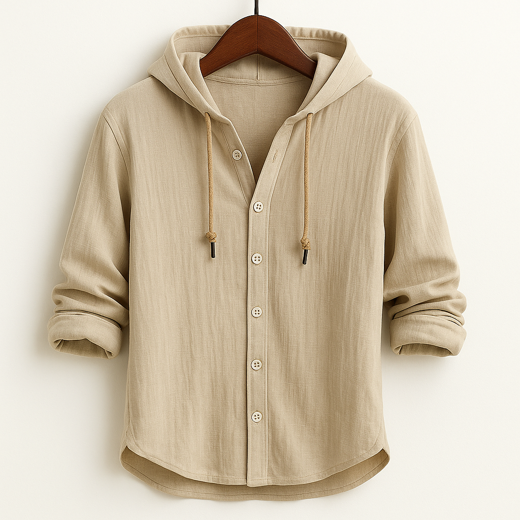 Relaxed fit men's pullover hooded shirt, comfortable for spring casual apparel.
