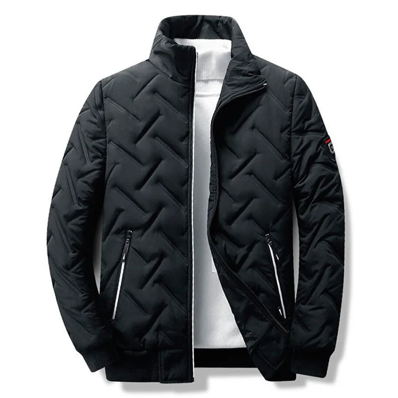 Close-up of a men's stylish quilted jacket, showcasing the lightweight fabric and detailed stitching.