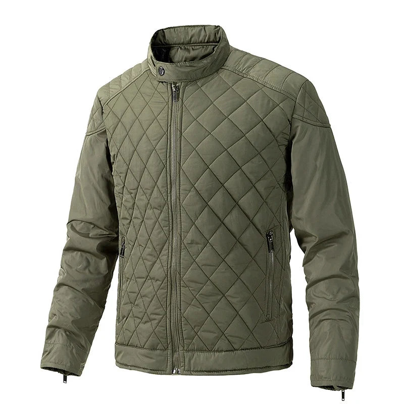 Casual men's utility quilted jacket, lightweight design with zippered pockets & snap collar.