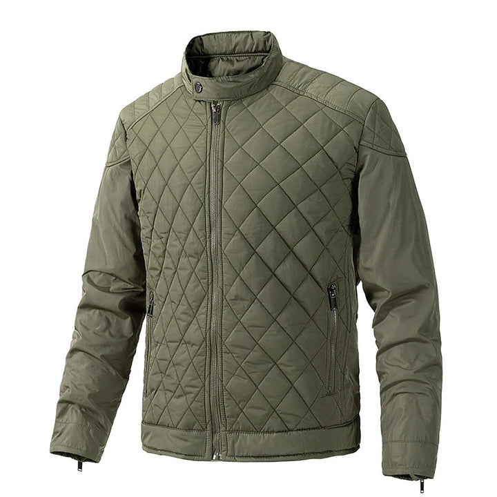 Casual men's utility quilted jacket, lightweight design with zippered pockets & snap collar.