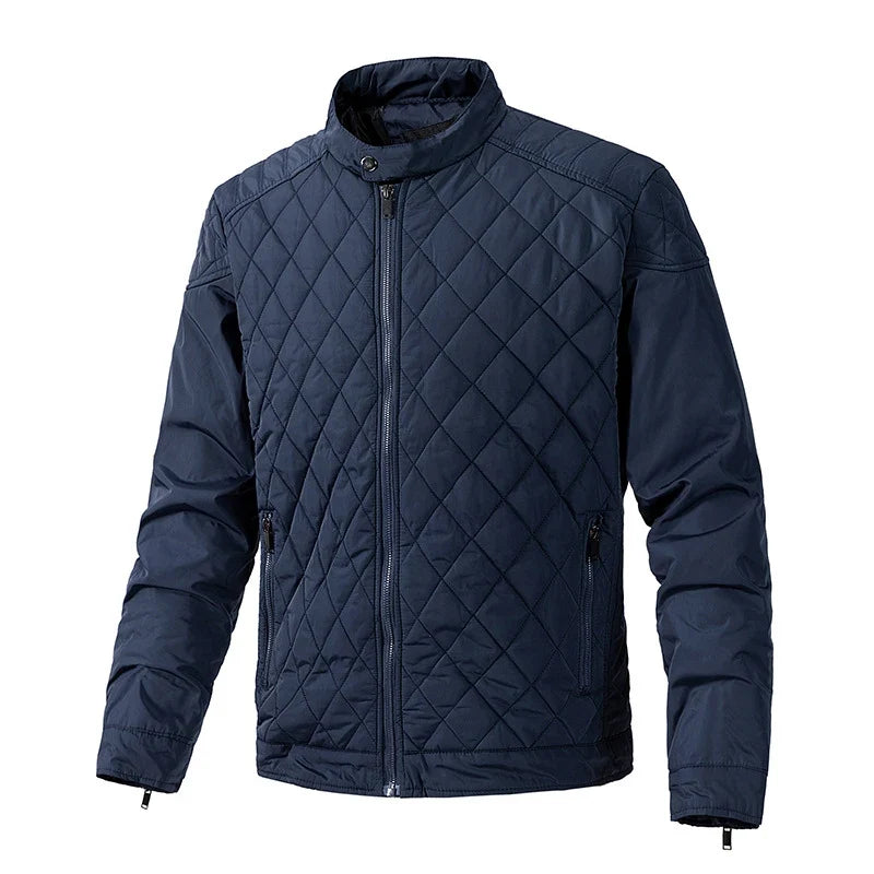 Men's stylish quilted jacket featuring a snap collar, zippered pockets, and lightweight construction.