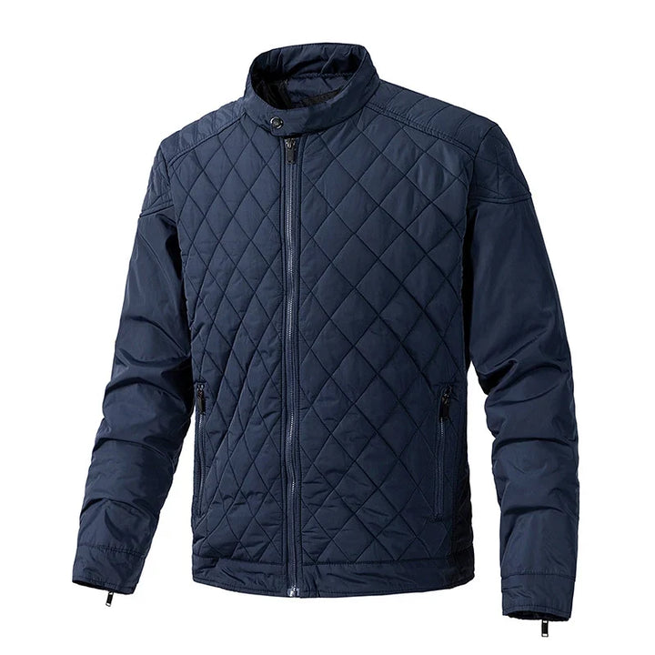 Men's stylish quilted jacket featuring a snap collar, zippered pockets, and lightweight construction.