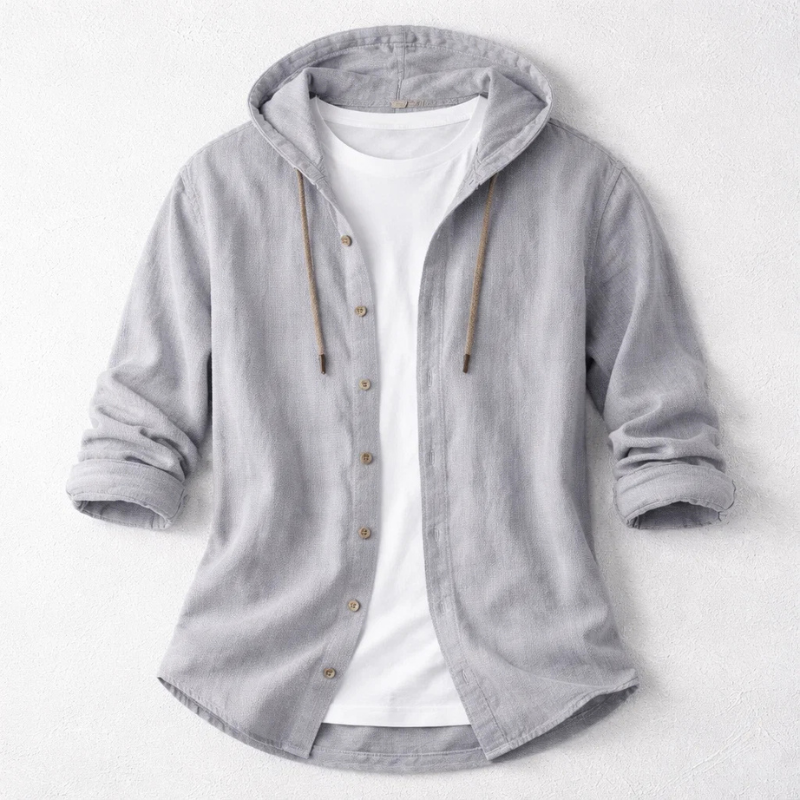 Modern men's lightweight long sleeve hoodie shirt, perfect for spring/summer casual fashion. Hooded top.