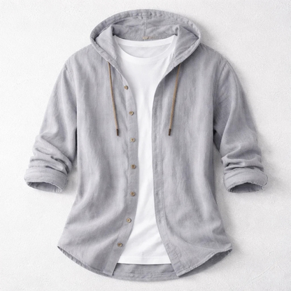 Modern men's lightweight long sleeve hoodie shirt, perfect for spring/summer casual fashion. Hooded top.