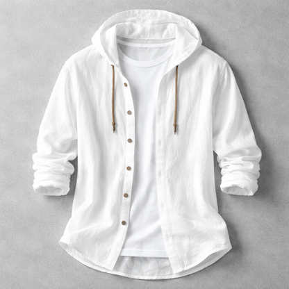 Versatile men's lightweight hoodie shirt for travel & everyday wear. Relaxed fit long sleeve hooded top.
