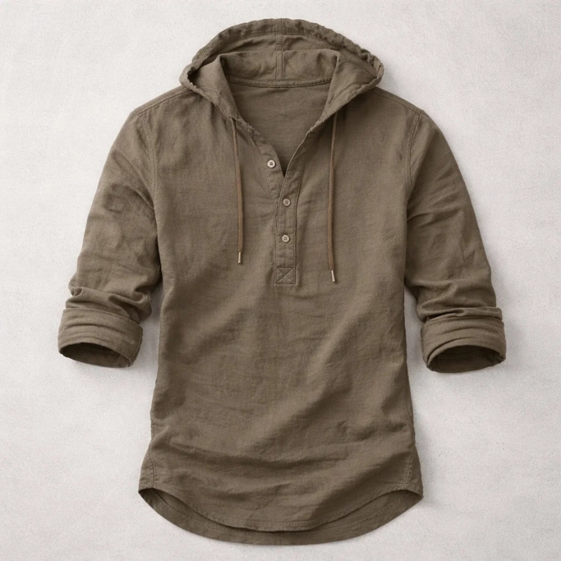 Breathable men's relaxed fit hoodie shirt, lightweight long sleeve top with adjustable drawstring, perfect for casual comfort.