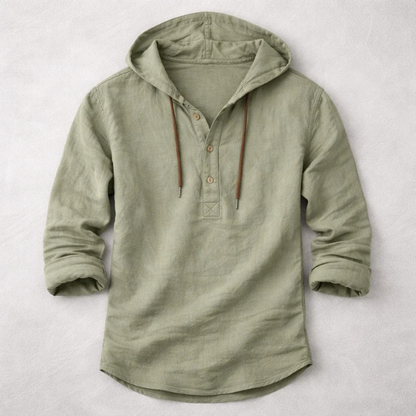 Casual men's long sleeve lightweight hoodie shirt in a relaxed fit. Features an adjustable drawstring hood. Breathable fabric.
