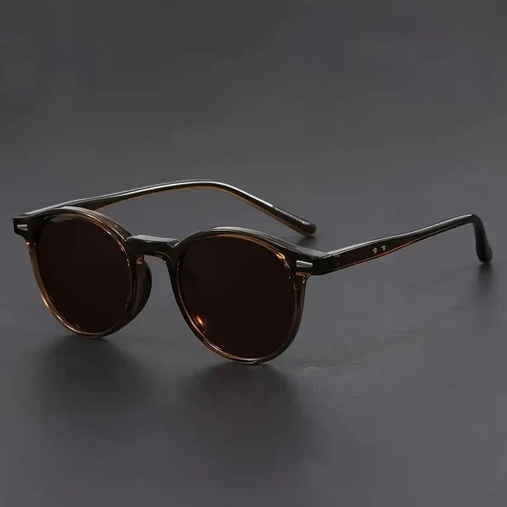 Stylish men wearing retro round tortoiseshell sunglasses, a lightweight fashion accessory for a casual look.