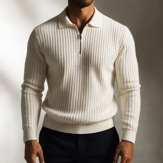 Men's lightweight ribbed knit polo shirt, cotton blend, comfortable & stylish for casual wear.