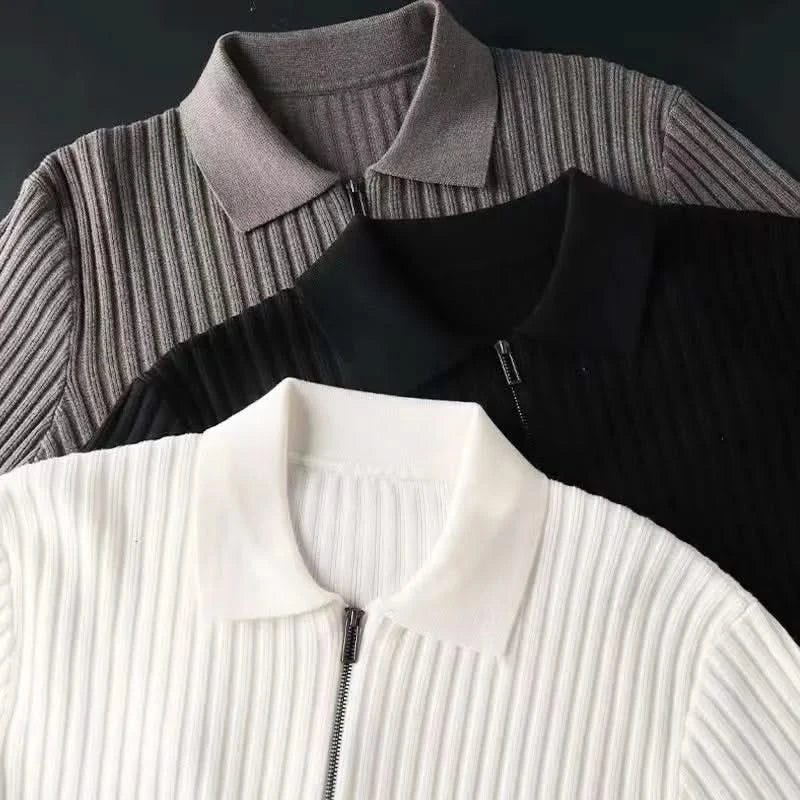 Fashionable men's ribbed knit polo. Tailored fit, soft cotton blend, perfect stylish casual top.