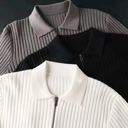 Fashionable men's ribbed knit polo. Tailored fit, soft cotton blend, perfect stylish casual top.