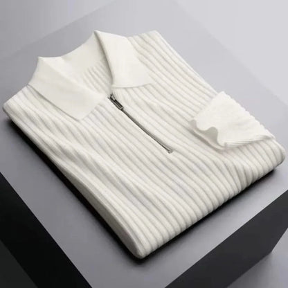 Tailored fit men's ribbed knit polo. Soft, breathable cotton blend long sleeve shirt.