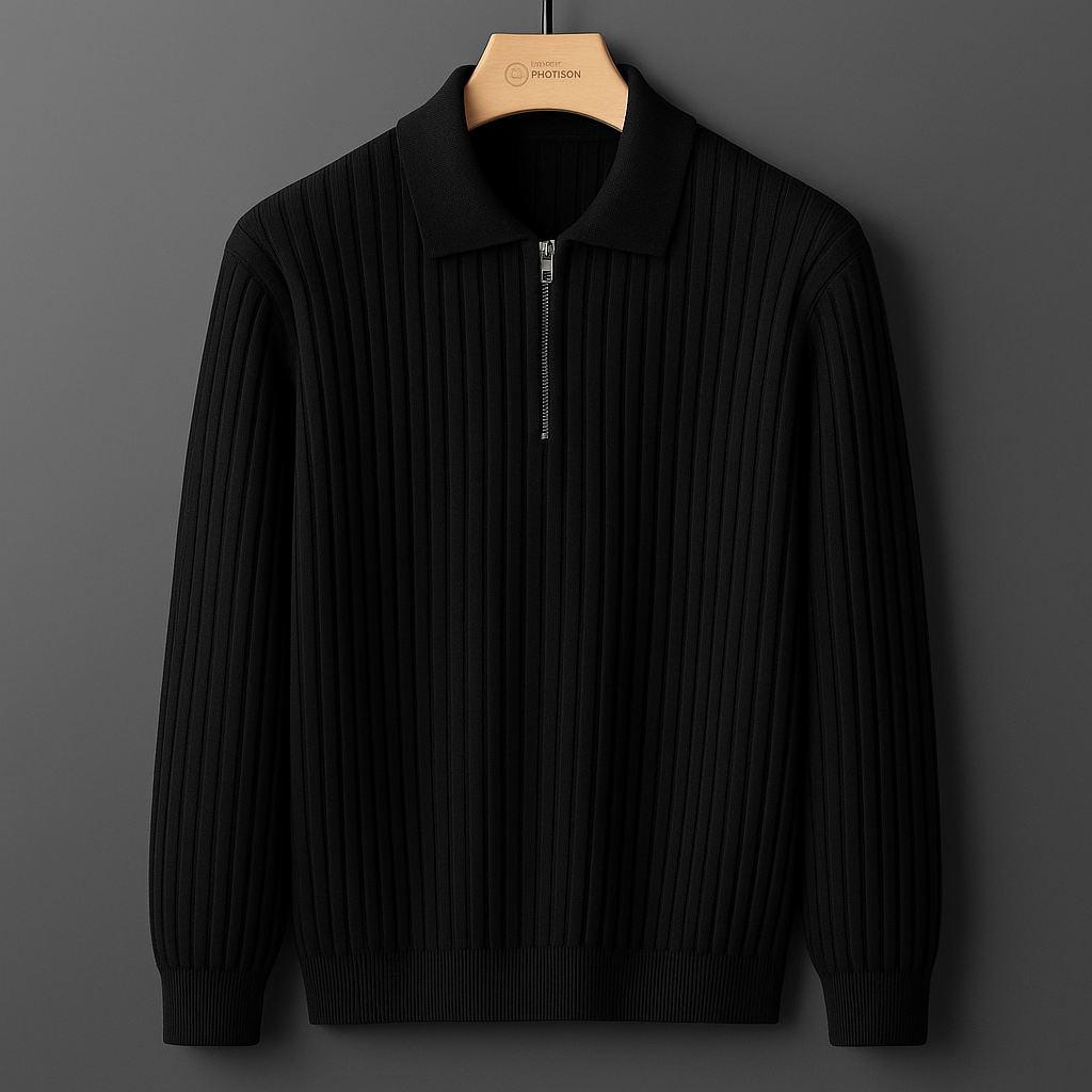 Men's tailored fit ribbed knit polo, long sleeve comfort, soft cotton blend for daily wear.