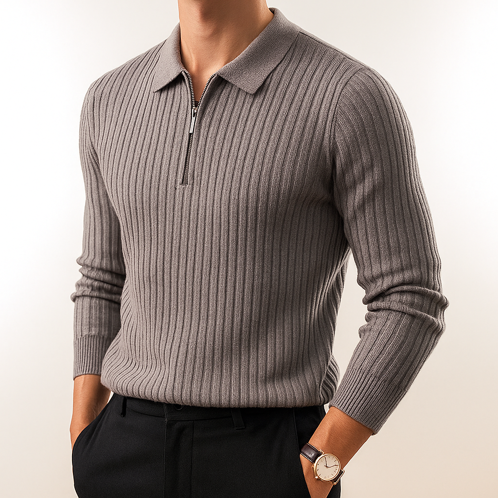 Versatile men's casual polo. Lightweight ribbed knit design, soft cotton blend fabric.
