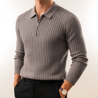 Versatile men's casual polo. Lightweight ribbed knit design, soft cotton blend fabric.