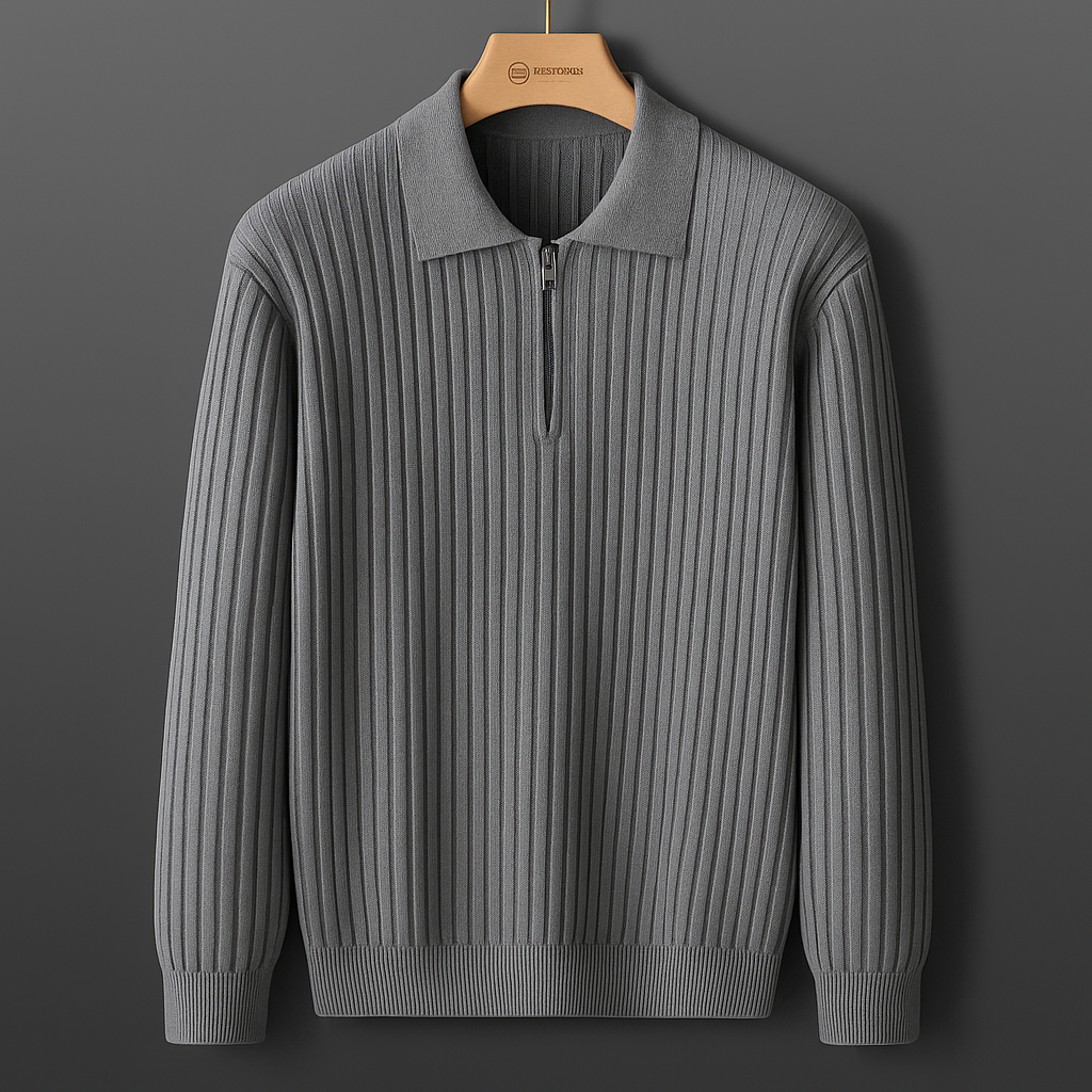 Ultra-lightweight men's ribbed knit polo. Breathable cotton blend, long sleeve, comfortable.