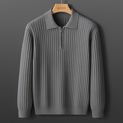 Ultra-lightweight men's ribbed knit polo. Breathable cotton blend, long sleeve, comfortable.