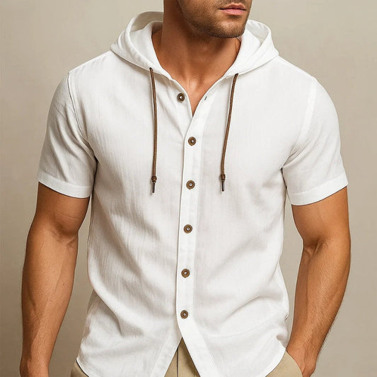 Men's lightweight short-sleeve hooded shirt for casual summer wear. Comfortable, breathable, relaxed fit top with drawstring.