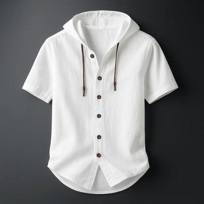 Stylish men's relaxed fit short-sleeve hoodie. Breathable, lightweight top, perfect for comfortable summer fashion.