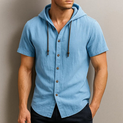 Casual men's lightweight hooded short-sleeve shirt, ideal for summer. Comfortable, breathable, and relaxed fit top.