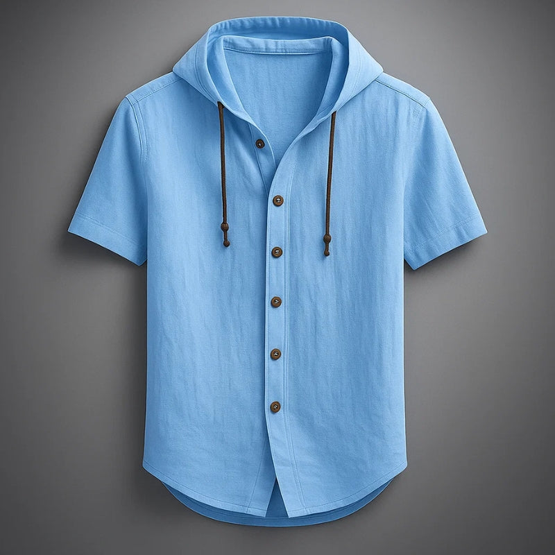 Soft, breathable men's lightweight short-sleeve hooded shirt. Comfortable relaxed fit, perfect casual summer top.