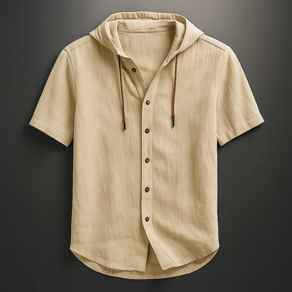 Men's short-sleeve hooded shirt with drawstring. Lightweight, breathable, and stylish casual top for summer comfort.