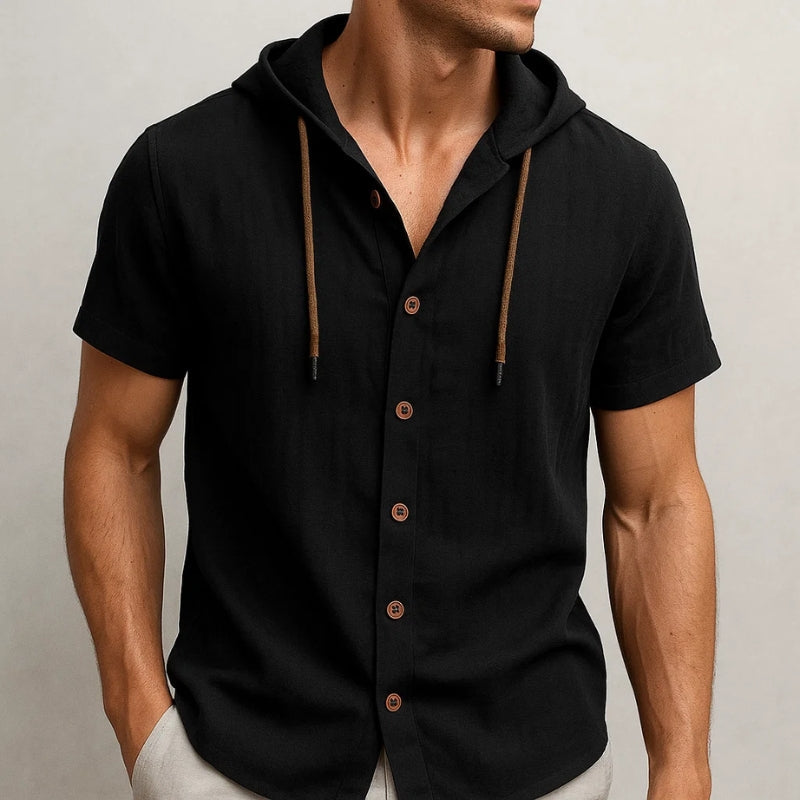 Comfortable men's short-sleeve hooded top for summer. Lightweight, breathable, and relaxed fit casual fashion.