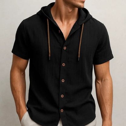 Comfortable men's short-sleeve hooded top for summer. Lightweight, breathable, and relaxed fit casual fashion.