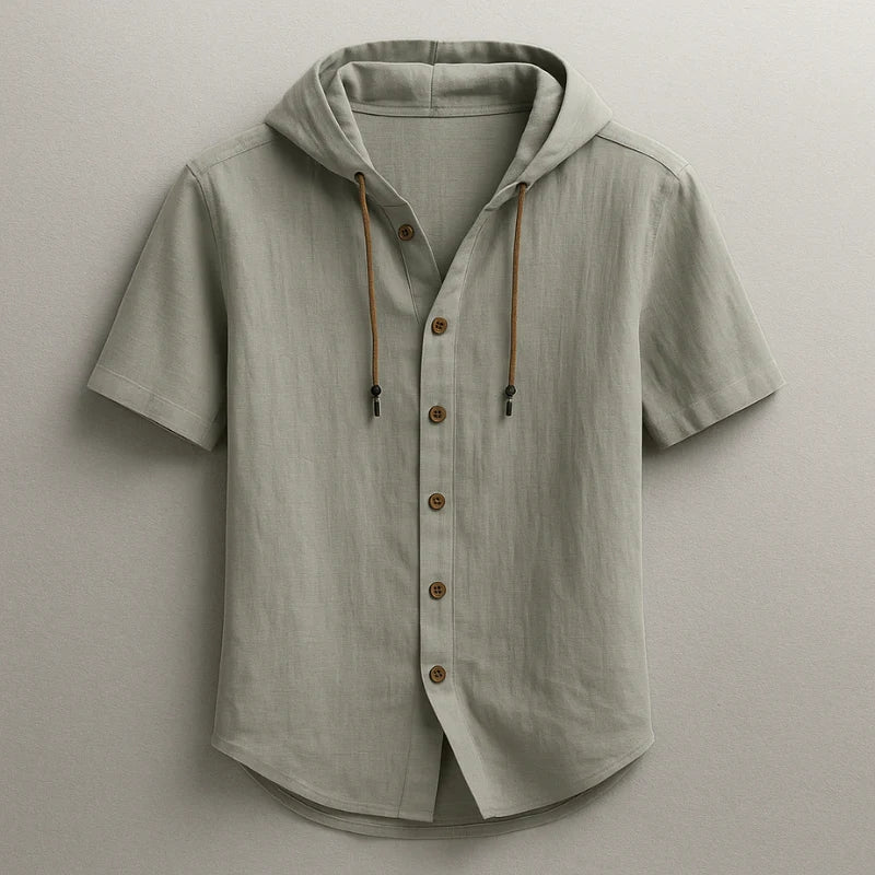 Modern men's lightweight hooded short-sleeve shirt. Stylish, comfortable, breathable, and relaxed fit for summer fashion.