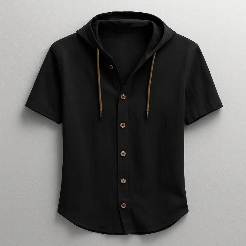 Men's lightweight hooded short-sleeve shirt. Breathable, comfortable, relaxed fit casual summer top with drawstring.