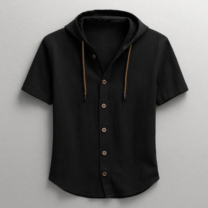 Men's lightweight hooded short-sleeve shirt. Breathable, comfortable, relaxed fit casual summer top with drawstring.