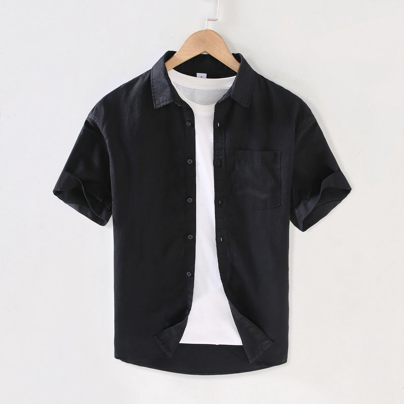 Front view of a men's short sleeve summer shirt, featuring a lightweight and breathable design.