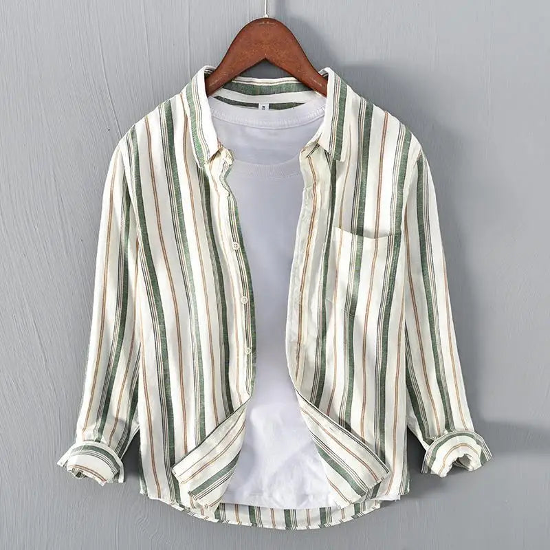 Men's lightweight striped casual shirt, long sleeve, perfect for spring & summer everyday wear. Comfortable & versatile.