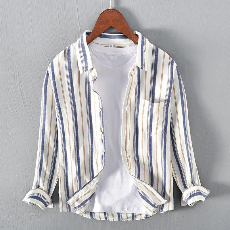 Stylish men's long sleeve striped casual shirt, lightweight fabric for comfortable summer fashion. Versatile top.