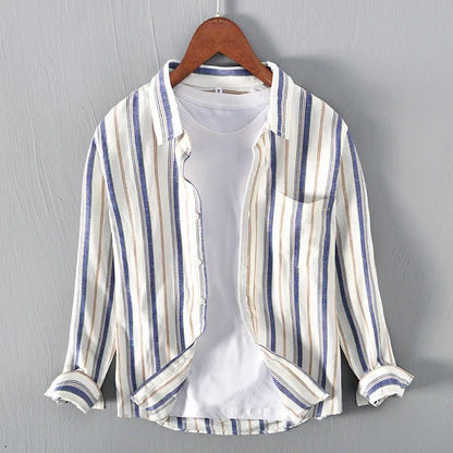 Stylish men's long sleeve striped casual shirt, lightweight fabric for comfortable summer fashion. Versatile top.